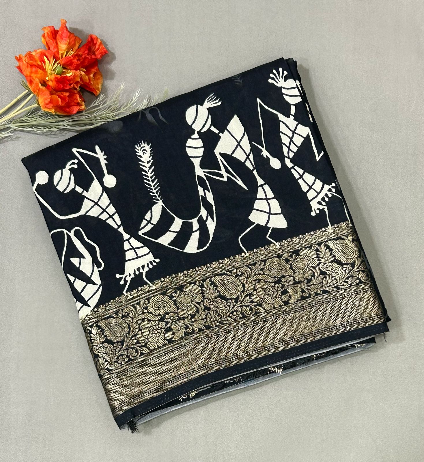 Black-02  kalamkari printed crepe saree