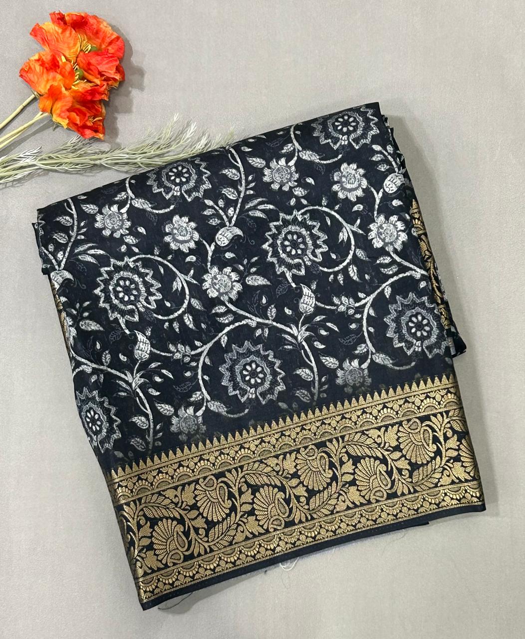 Black kalamkari printed crepe saree