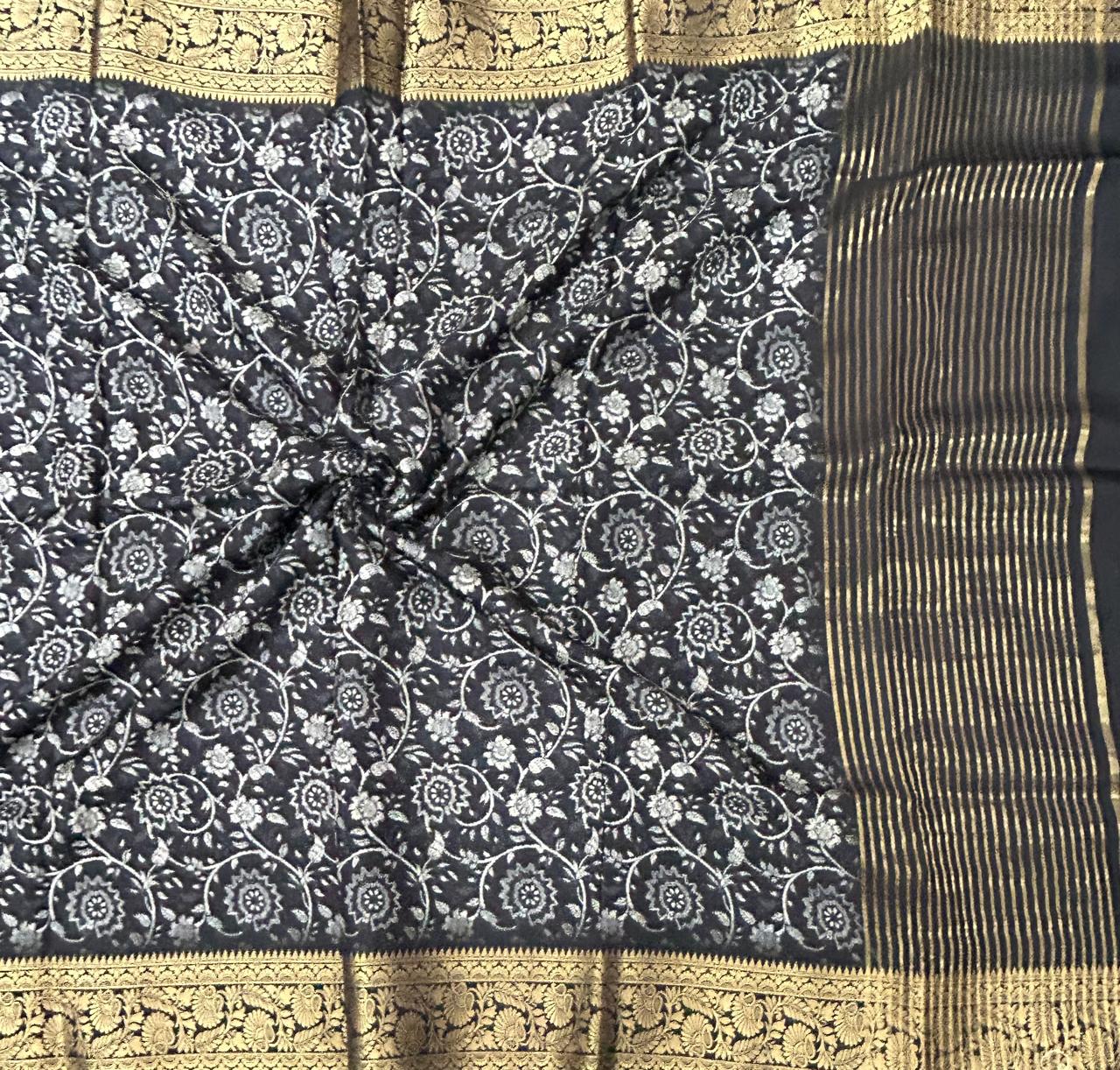 Black kalamkari printed crepe saree
