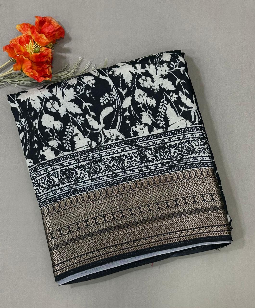 Black-05 kalamkari printed crepe saree