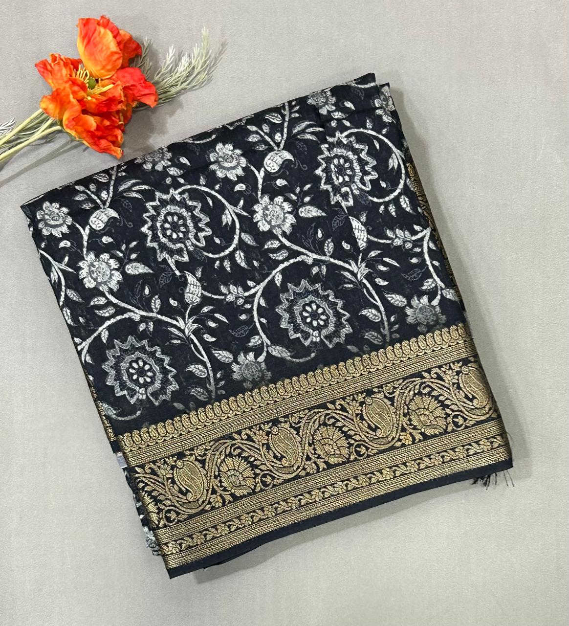 Black-06 kalamkari printed crepe saree