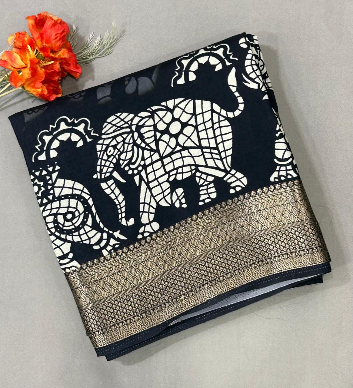 Black-06 kalamkari printed crepe saree