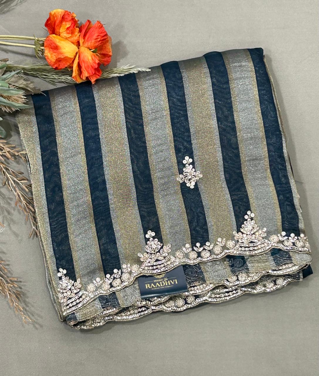 Navy blue printed blouse tissue stripes organza party wear-07 saree