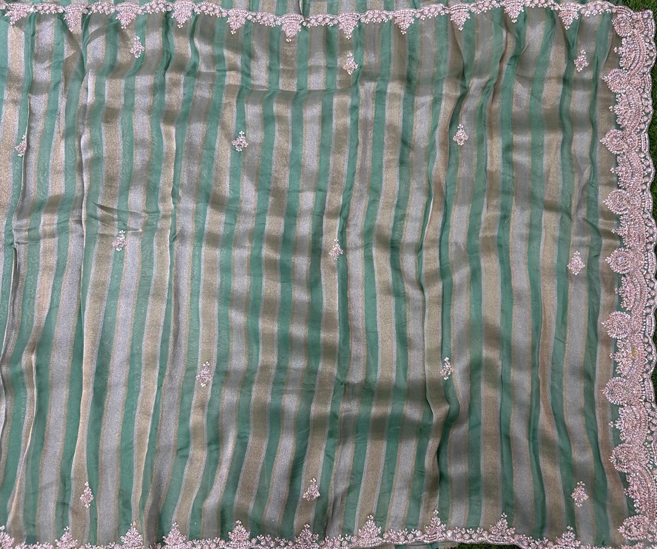 Pastel green printed blouse tissue stripes organza party wear-07 saree