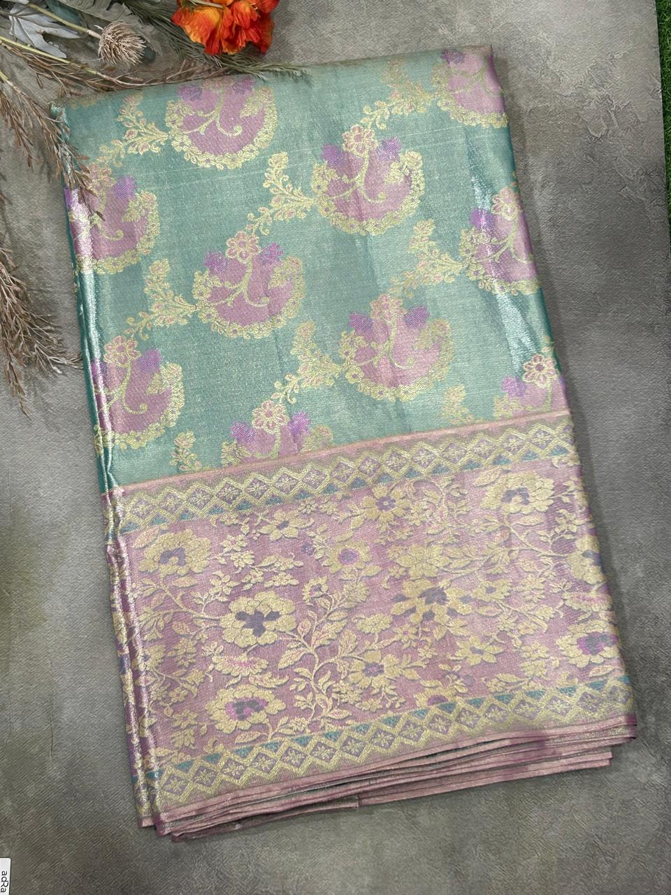 Distemper blue brocade pure kanchipuram silk saree