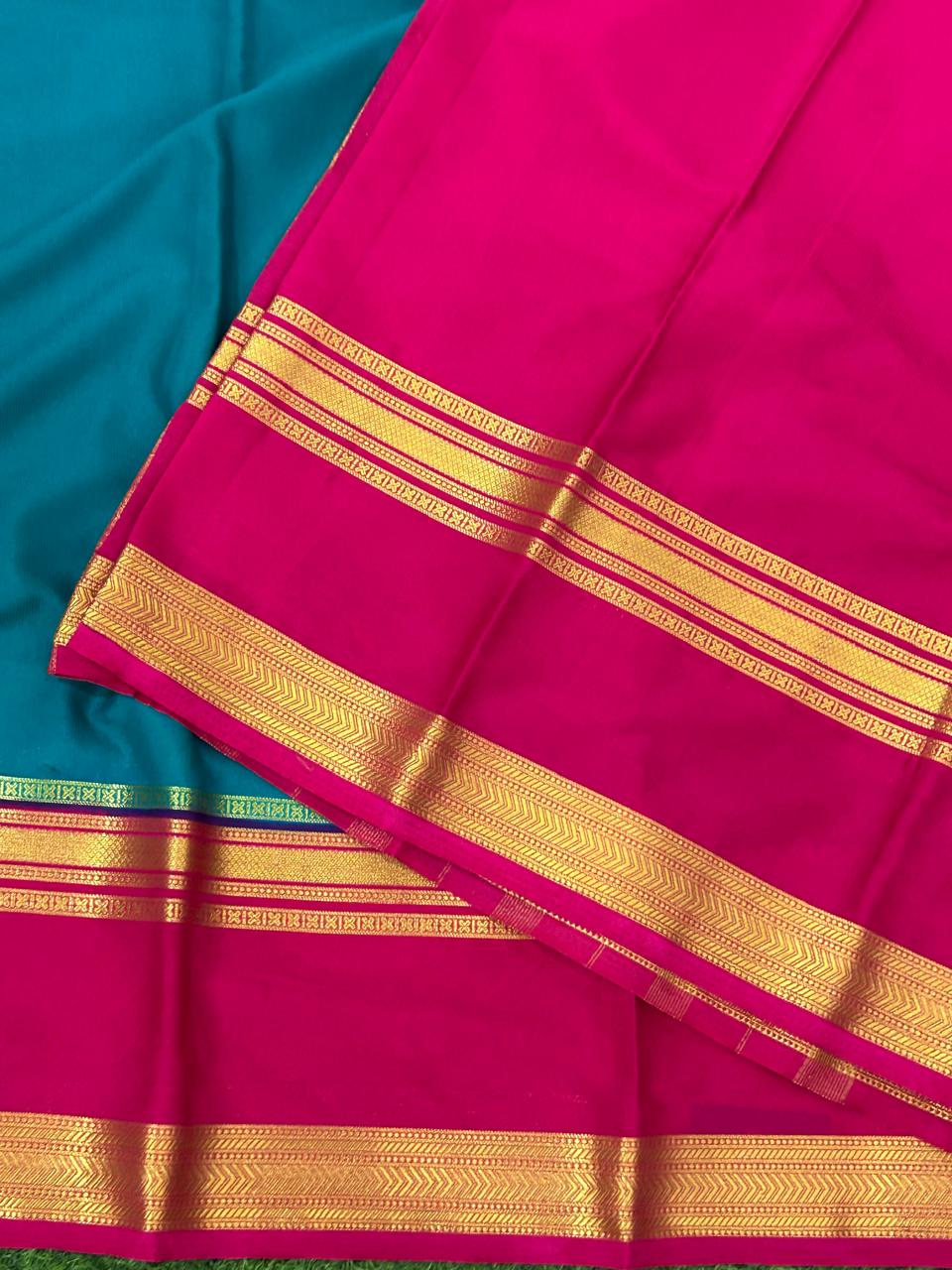 Peacock blue n pink bentex border semi crepe silk saree