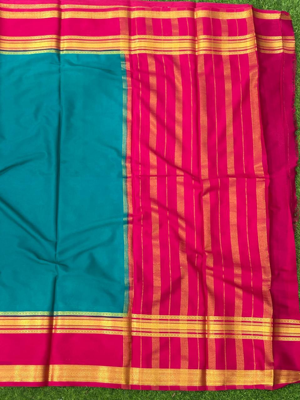 Peacock blue n pink bentex border semi crepe silk saree