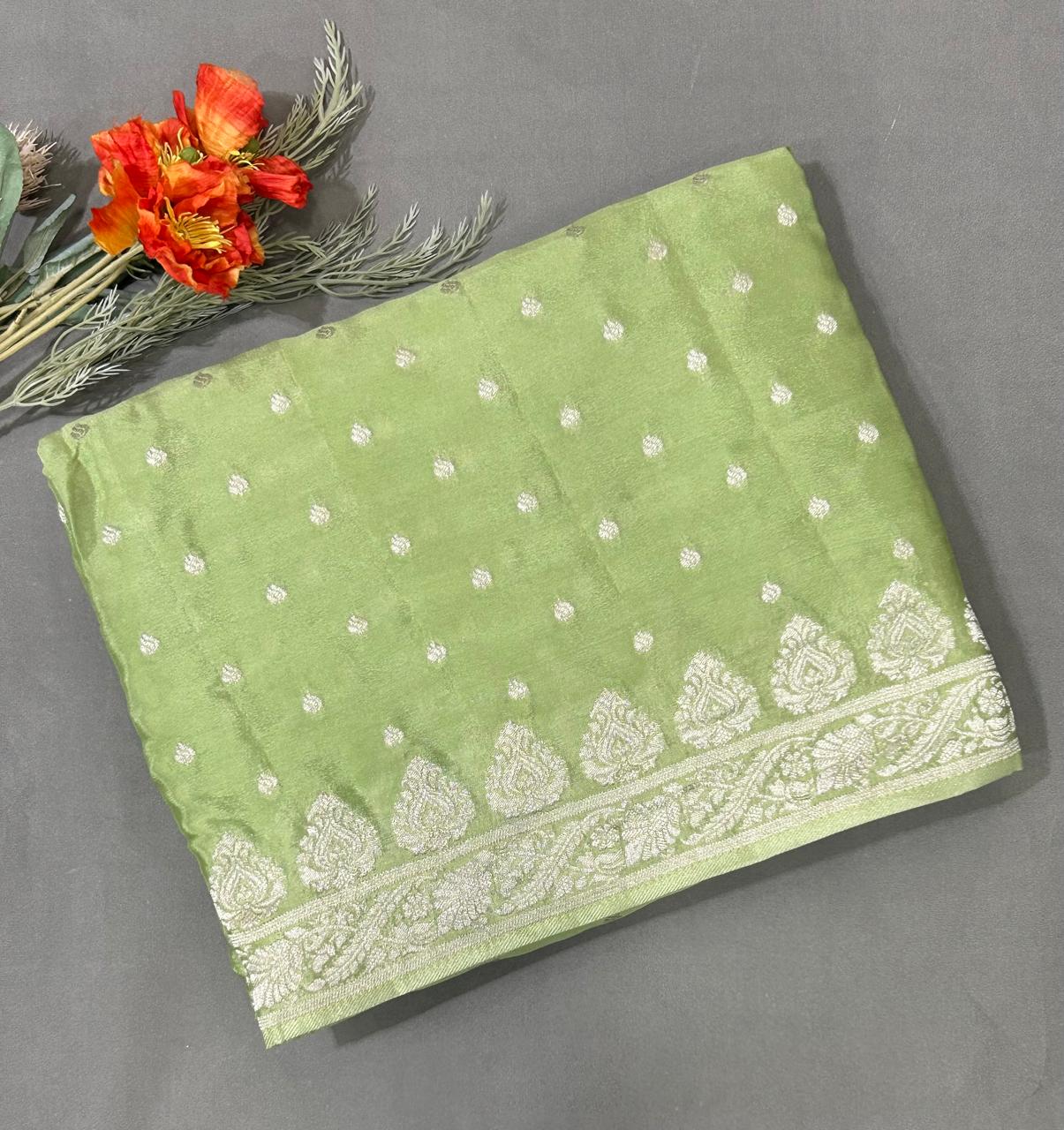 Light green silver zari art work saree