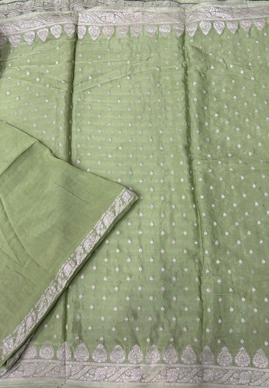 Light green silver zari art work saree