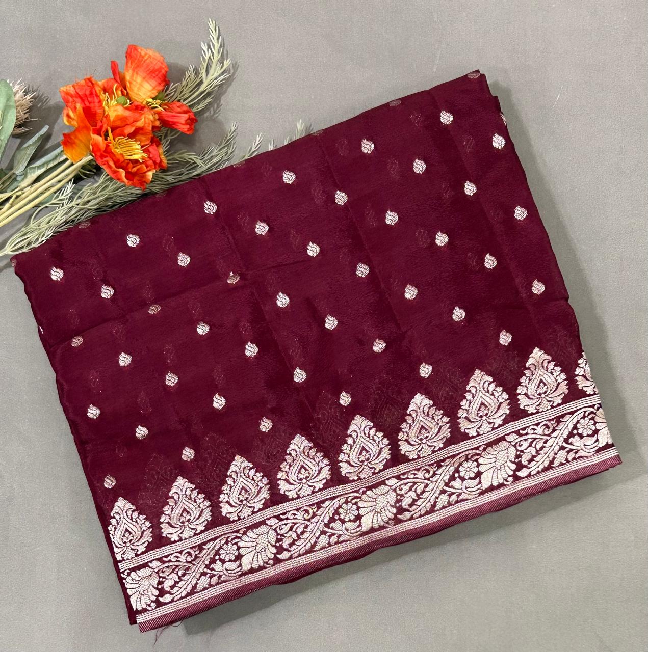 Brown silver zari art work saree