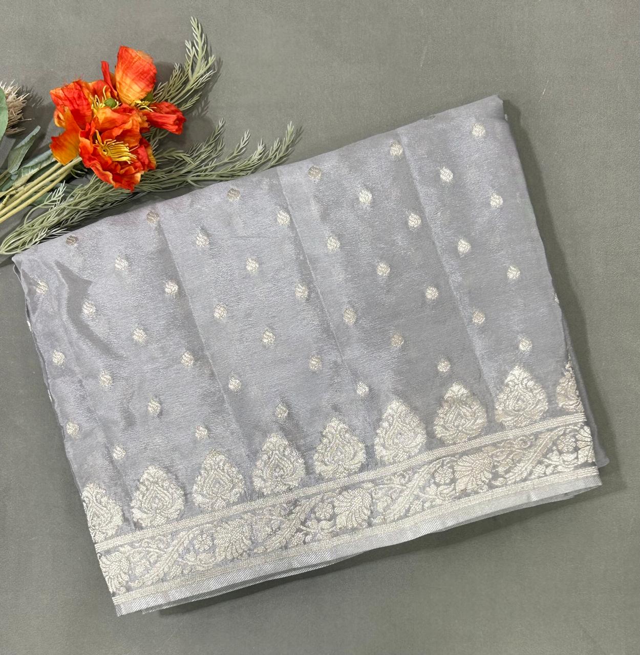 Grey silver zari art work saree