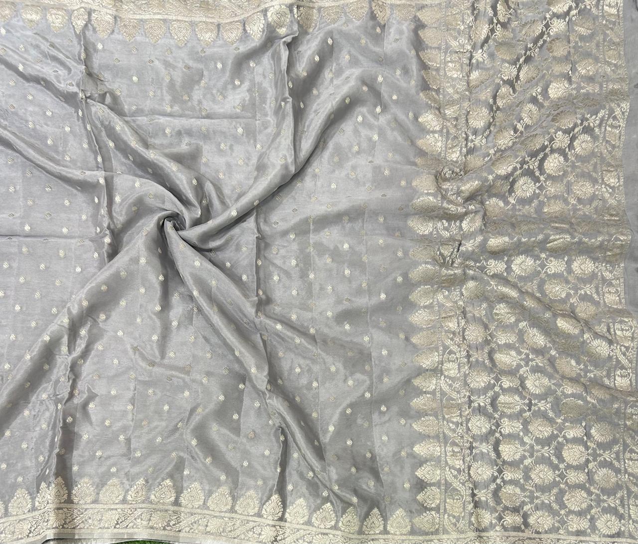 Grey silver zari art work saree