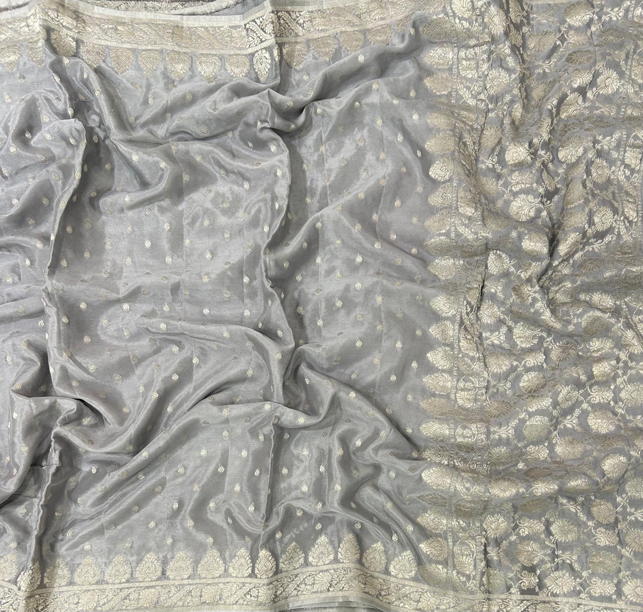 Grey silver zari art work saree