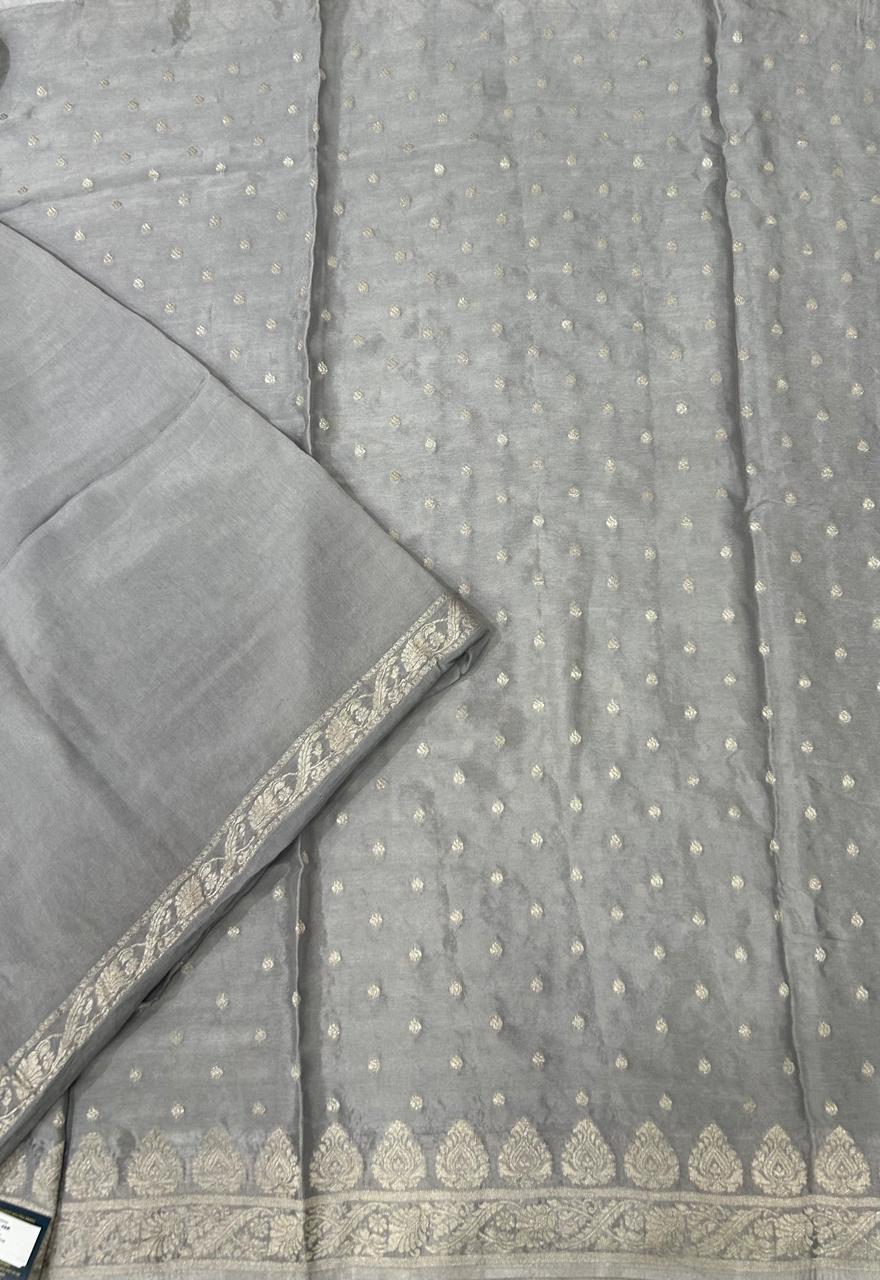 Grey silver zari art work saree