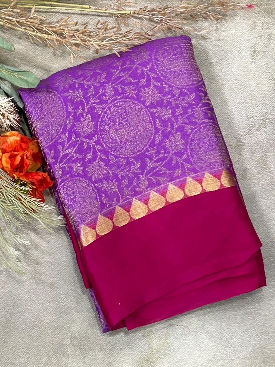 Lavender n magenta brocade pure wrinkle crepe silk saree