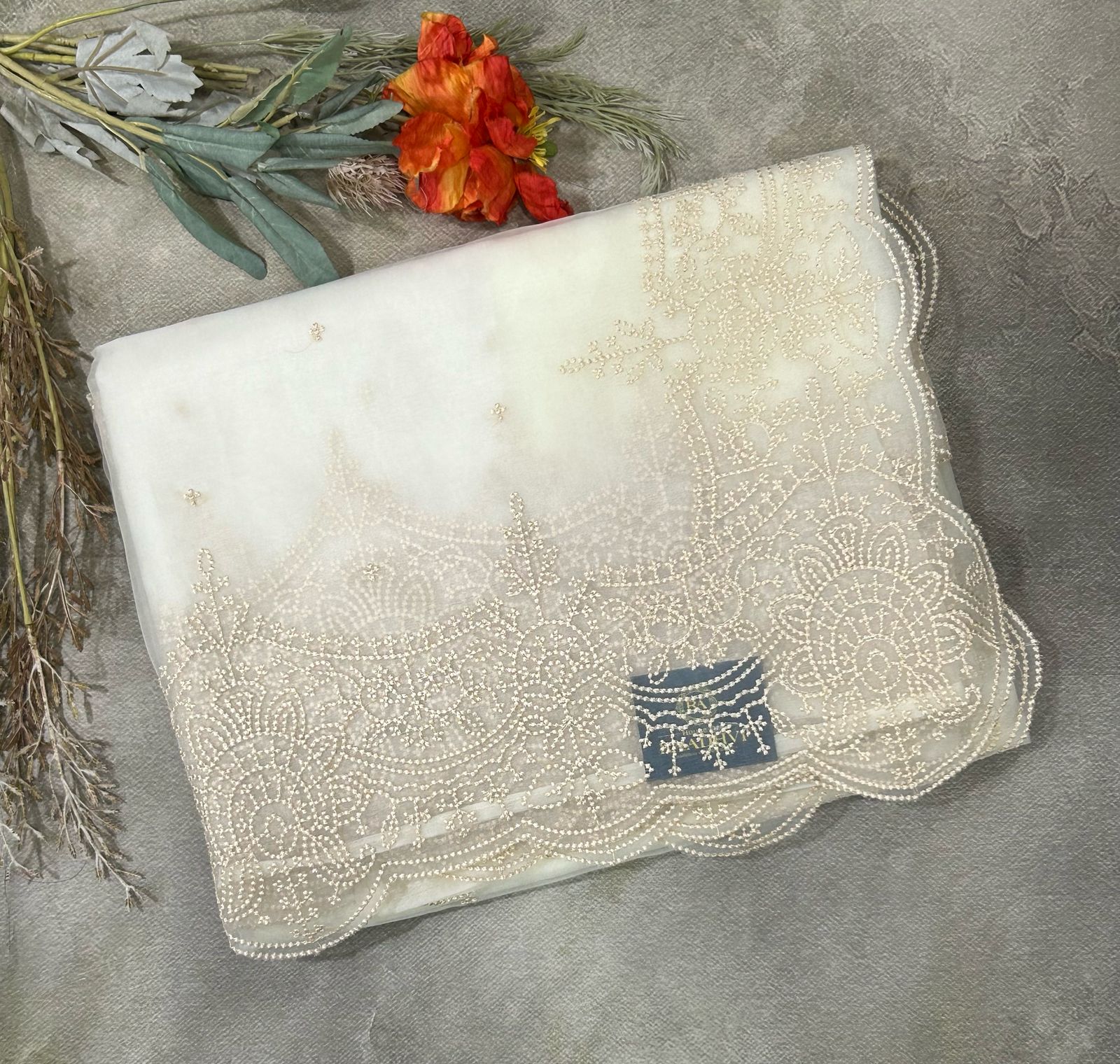 Cream embroidered scallop border saree