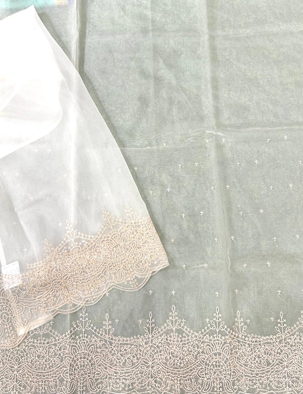 Cream embroidered scallop border saree