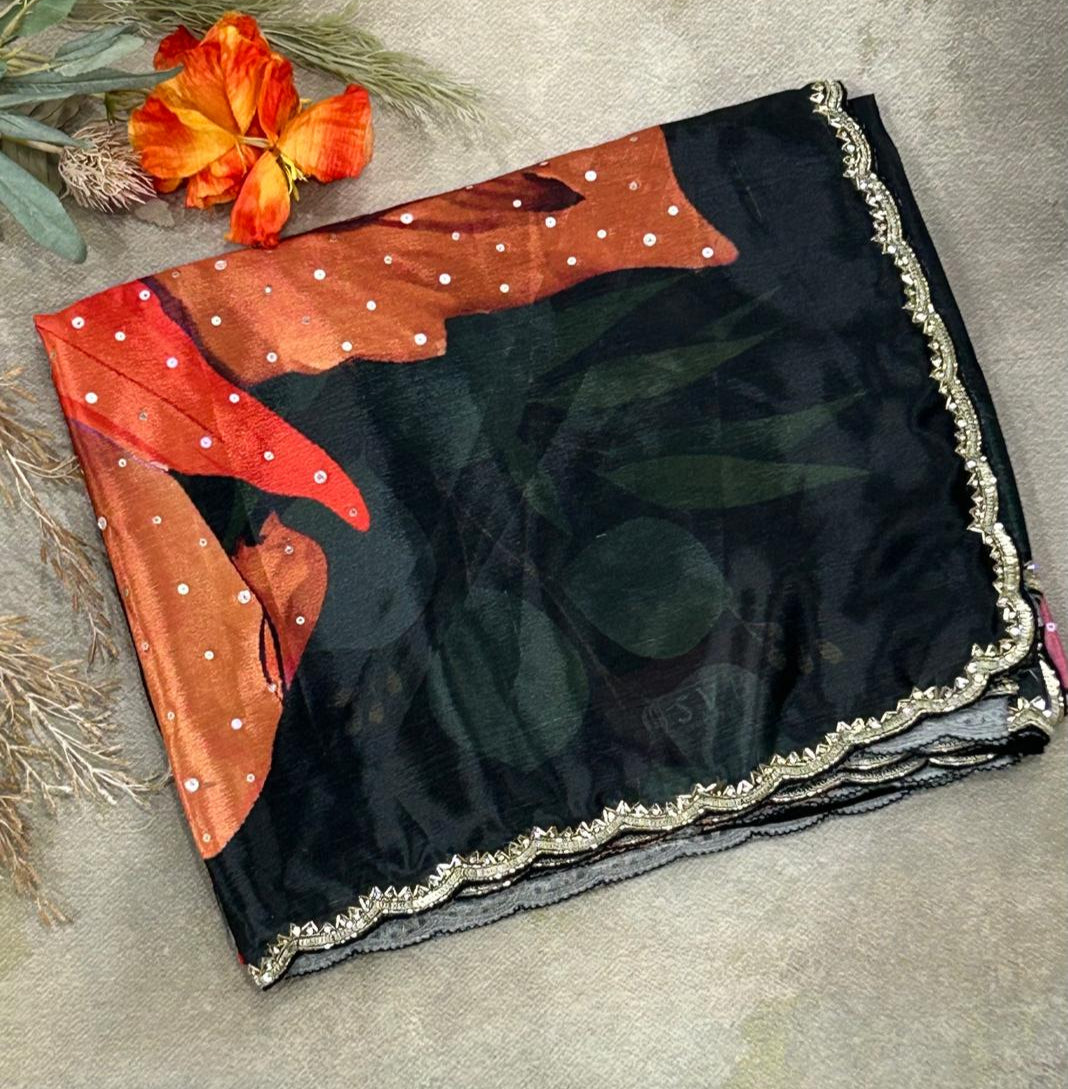 Black 04 digital print satin  crepe party wear saree