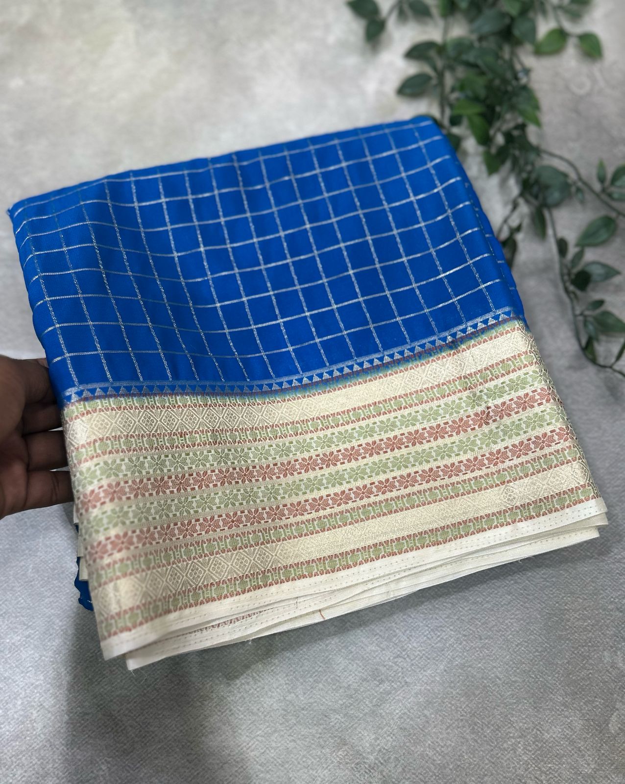 Blue checks semi crepe 05 silk saree