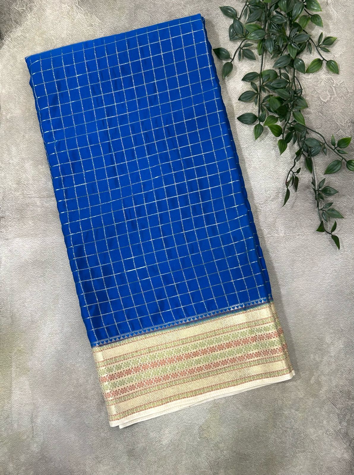 Blue checks semi crepe 05 silk saree