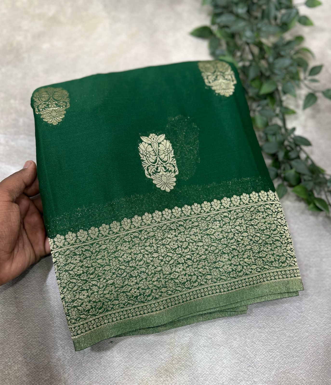 Bottle green big butta designer soft crepe silk