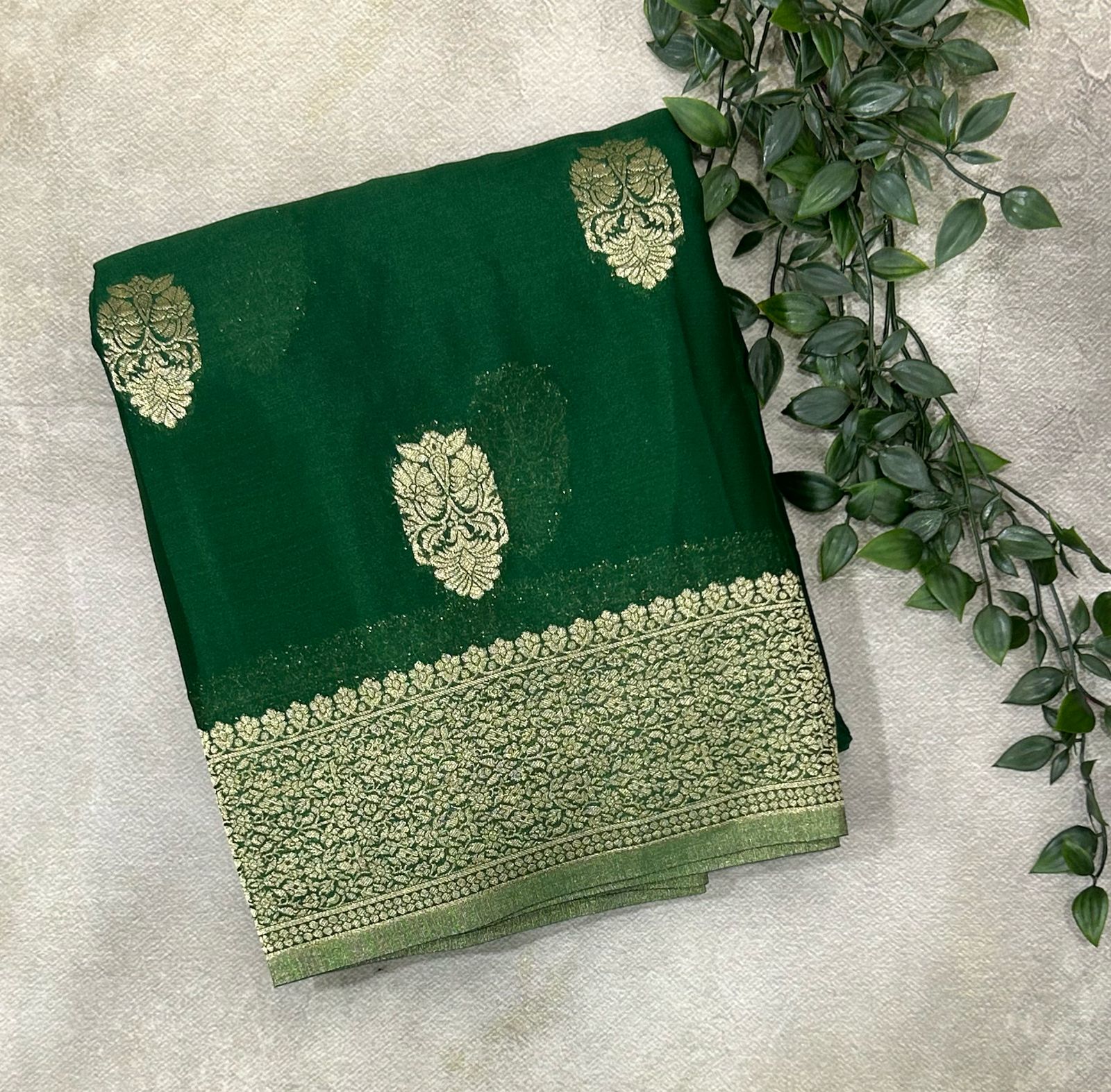 Bottle green big butta designer soft crepe silk