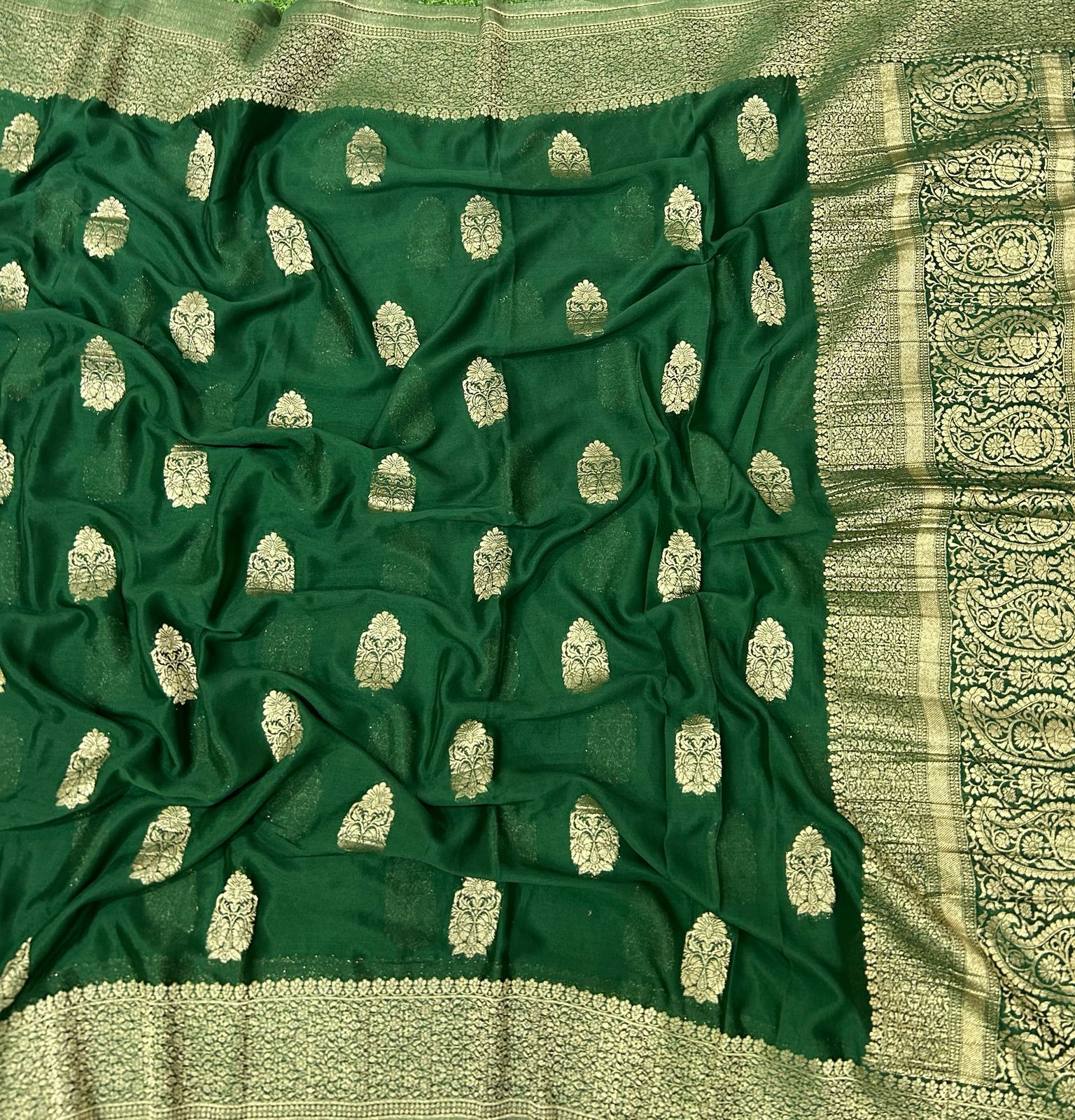 Bottle green big butta designer soft crepe silk