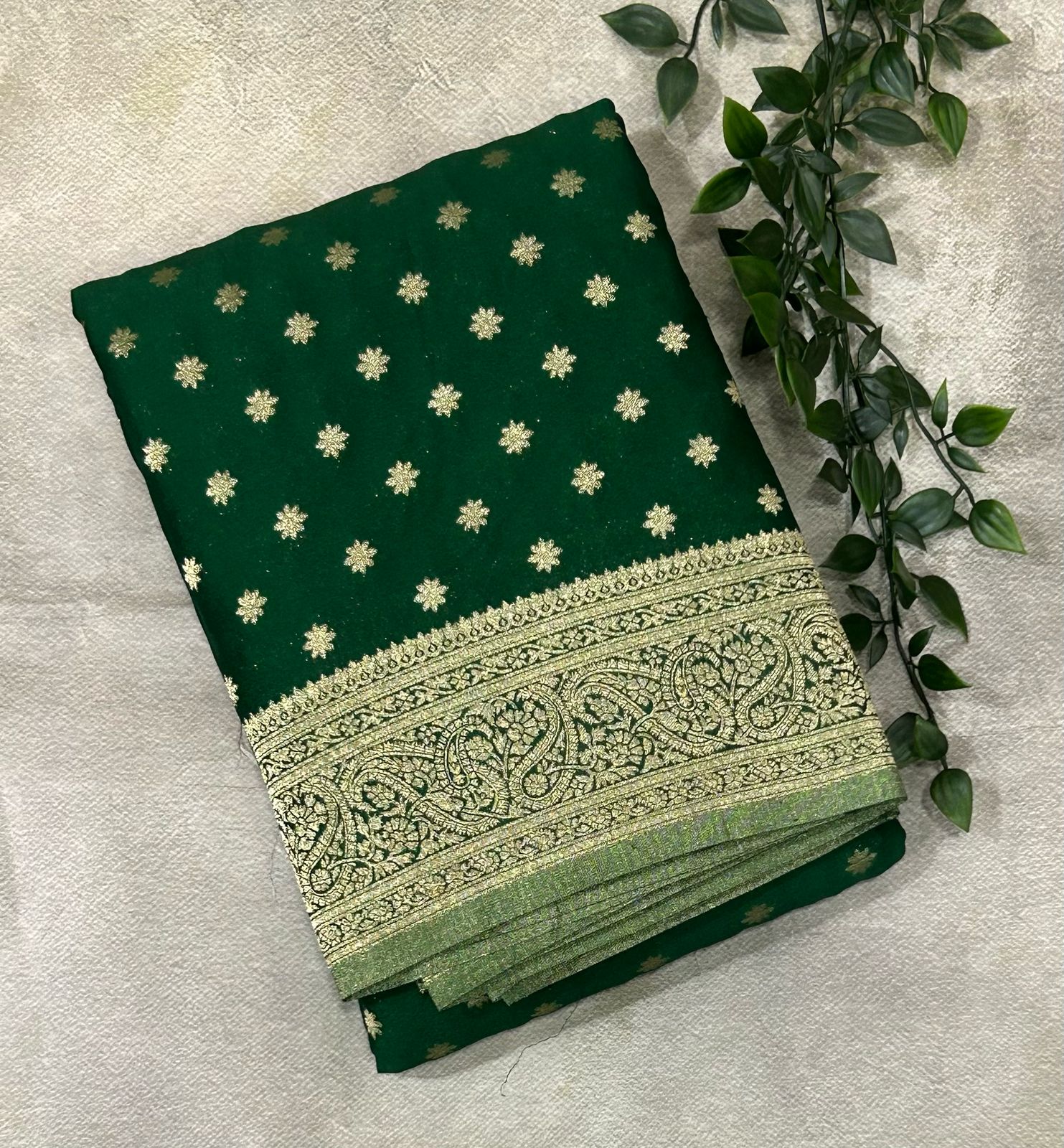 Bottle green star butta 07 soft crepe silk saree