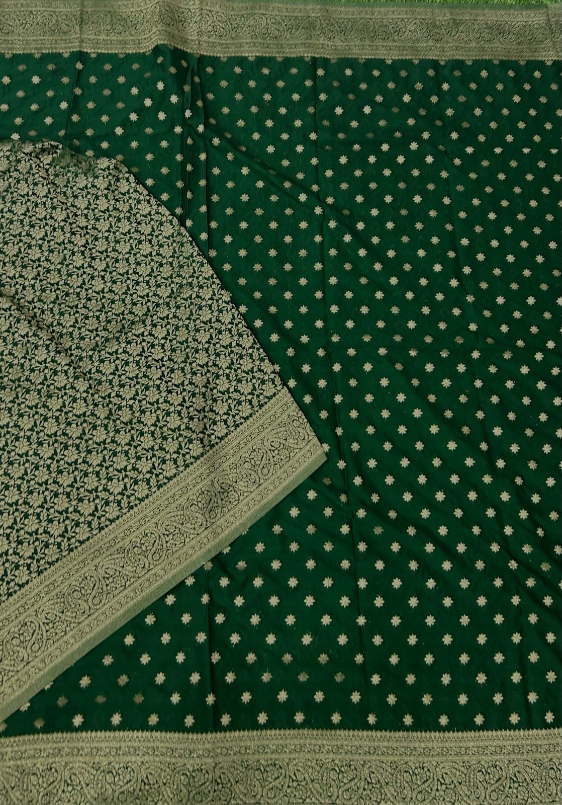 Bottle green star butta 07 soft crepe silk saree