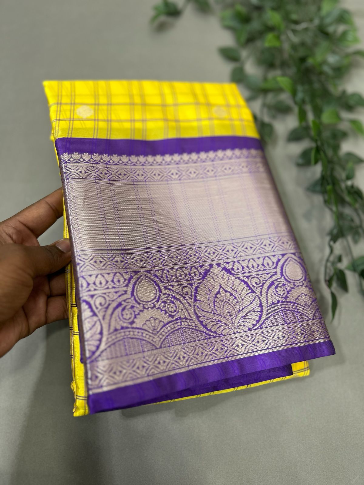 Yellow n purple semi kanchi checks saree