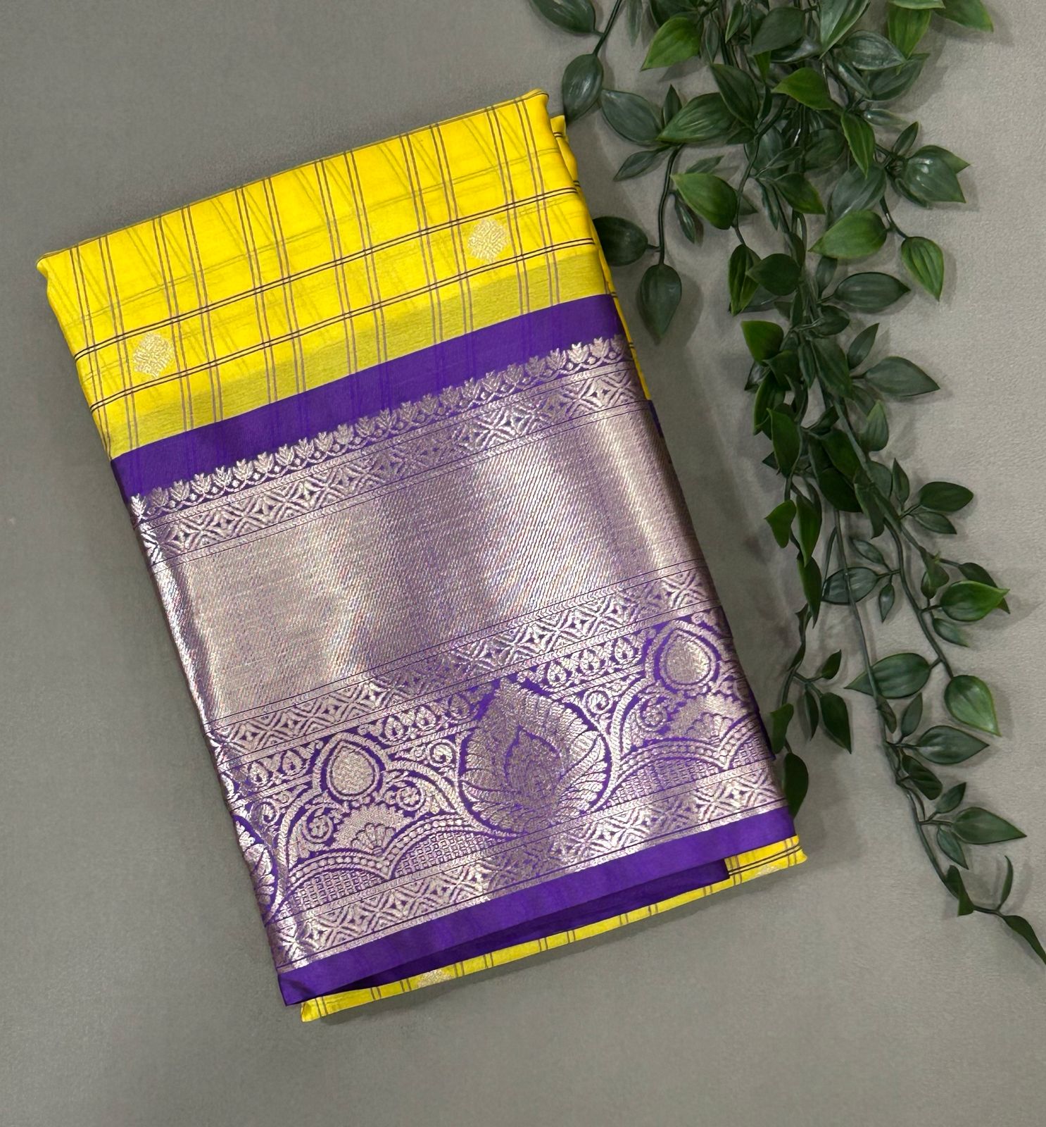 Yellow n purple semi kanchi checks saree
