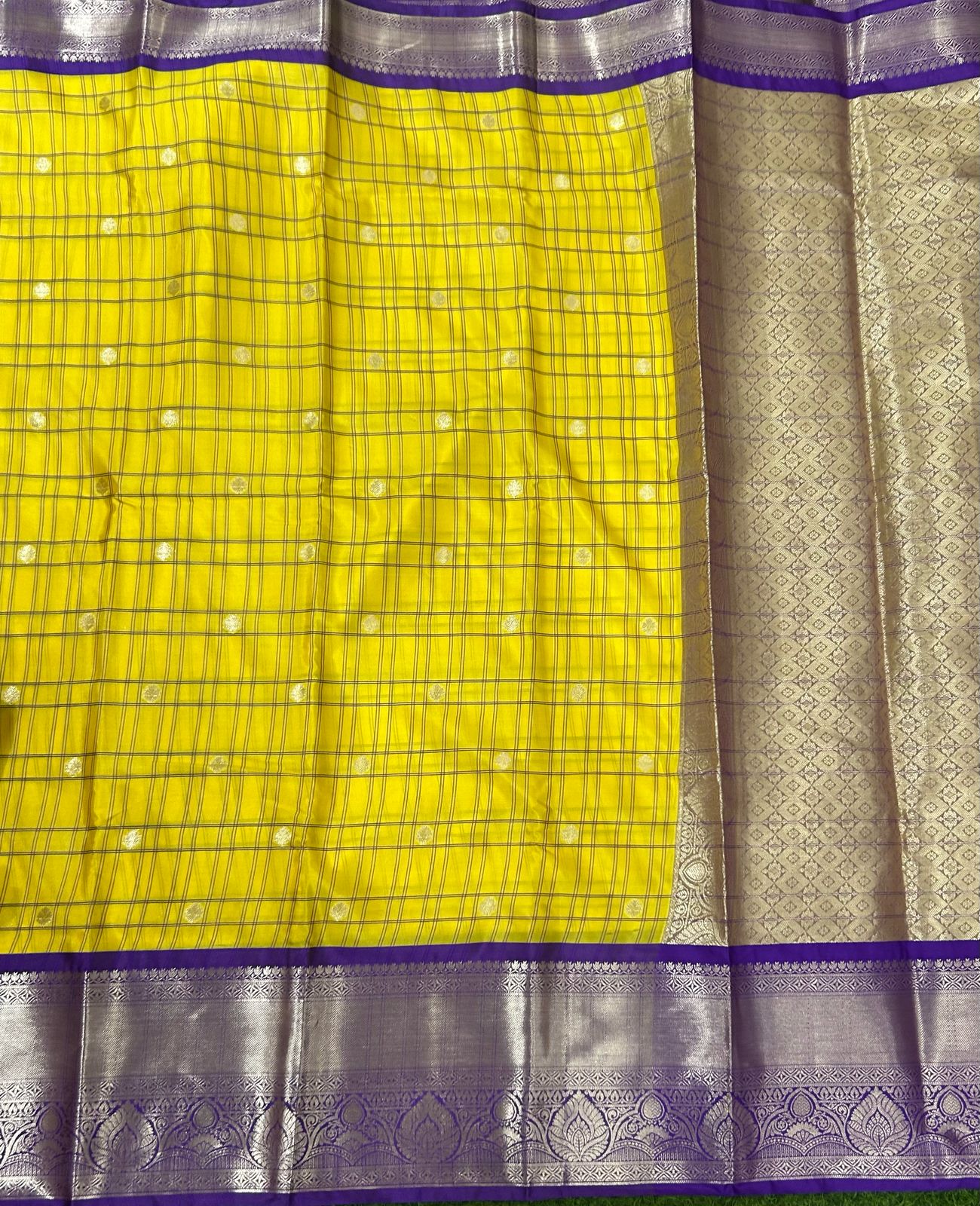 Yellow n purple semi kanchi checks saree