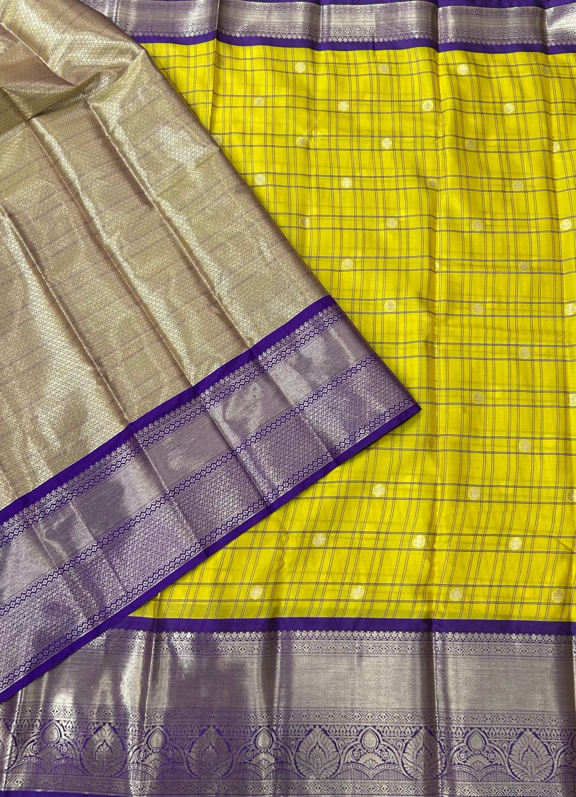 Yellow n purple semi kanchi checks saree