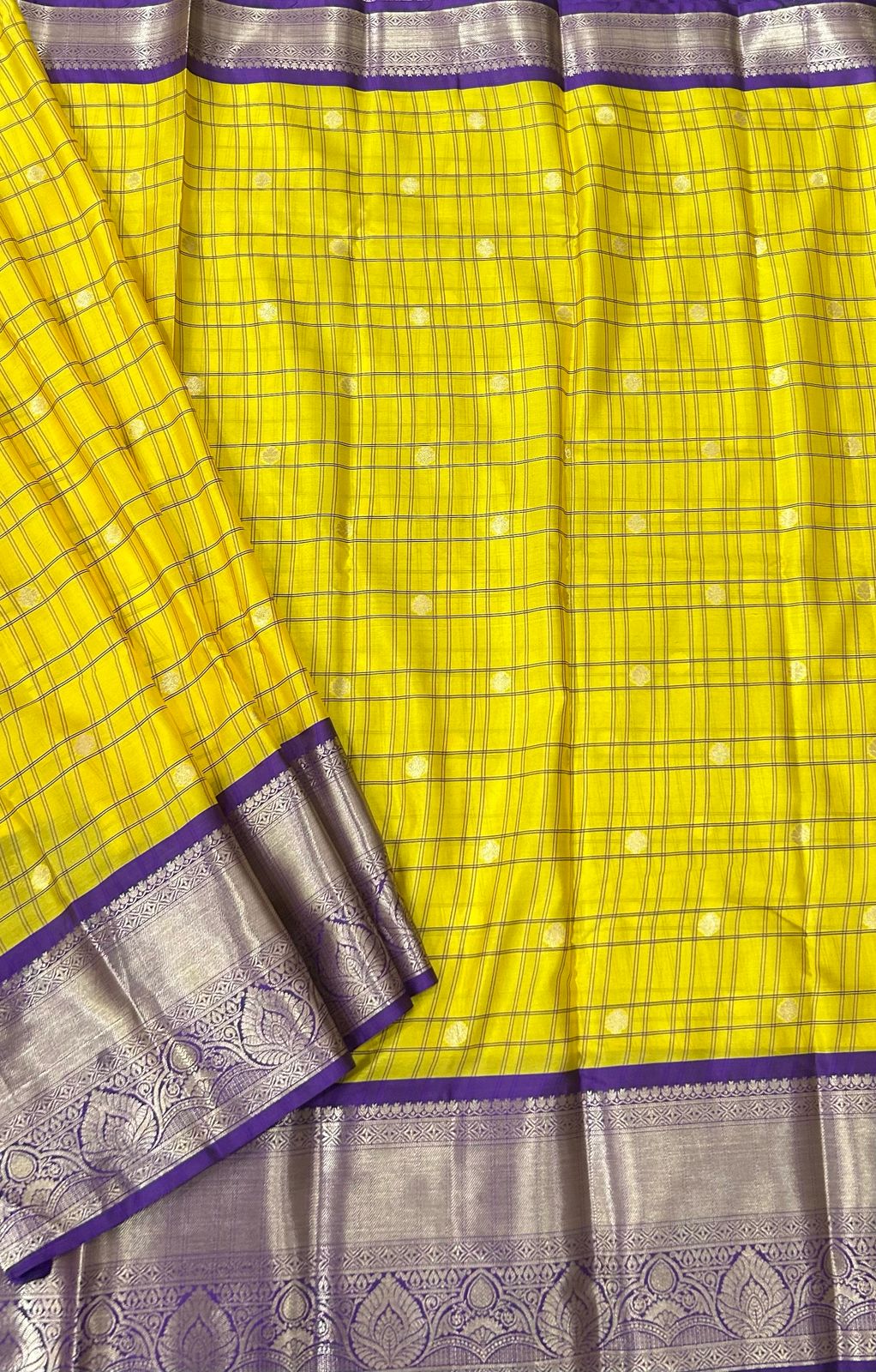 Yellow n purple semi kanchi checks saree