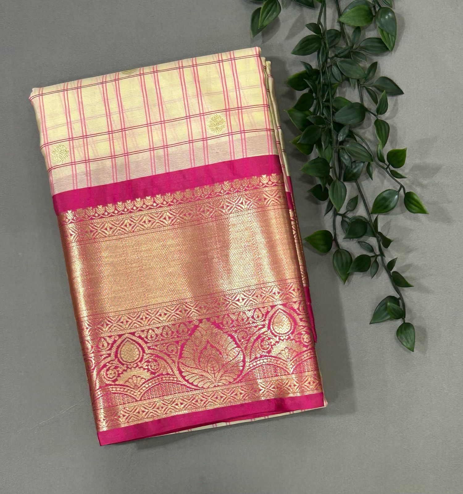 Cream n pink semi kanchi checks saree