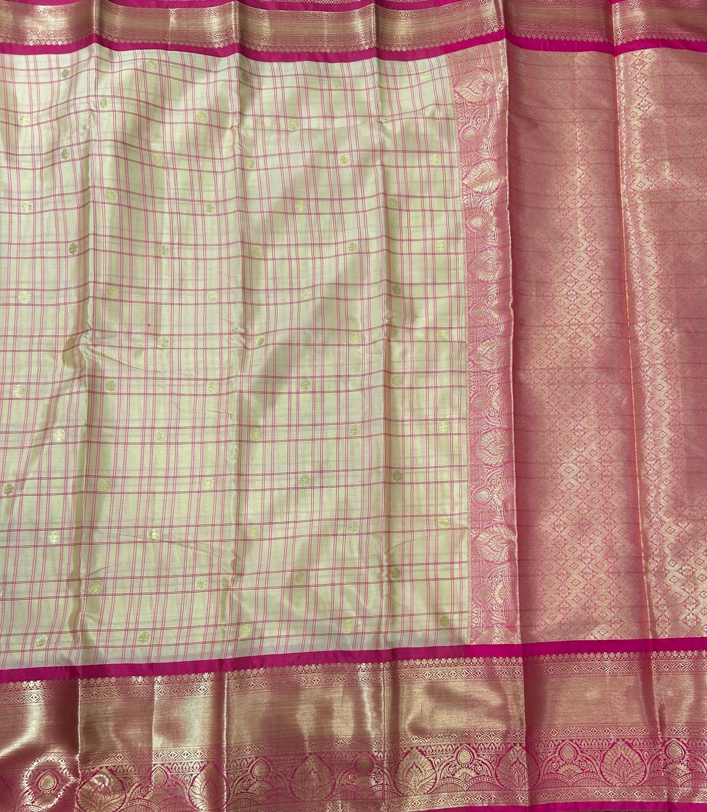 Cream n pink semi kanchi checks saree