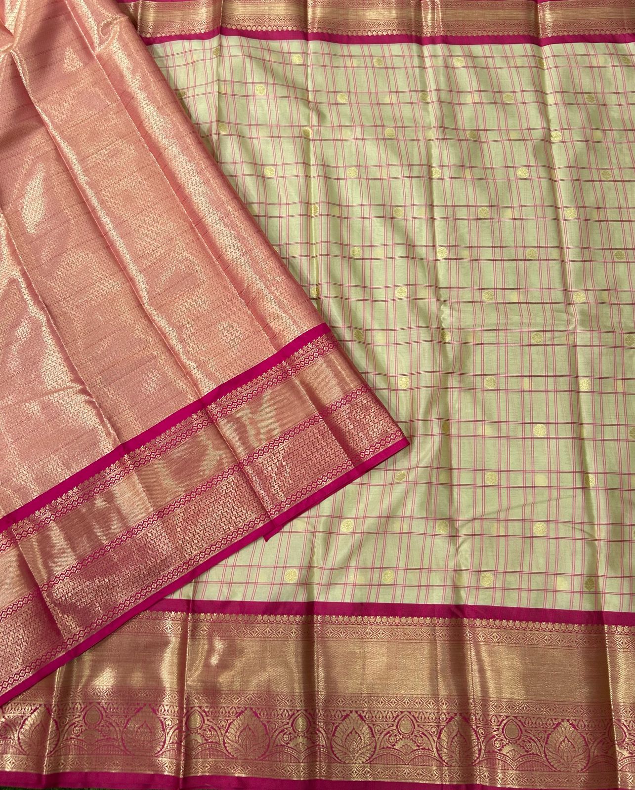 Cream n pink semi kanchi checks saree