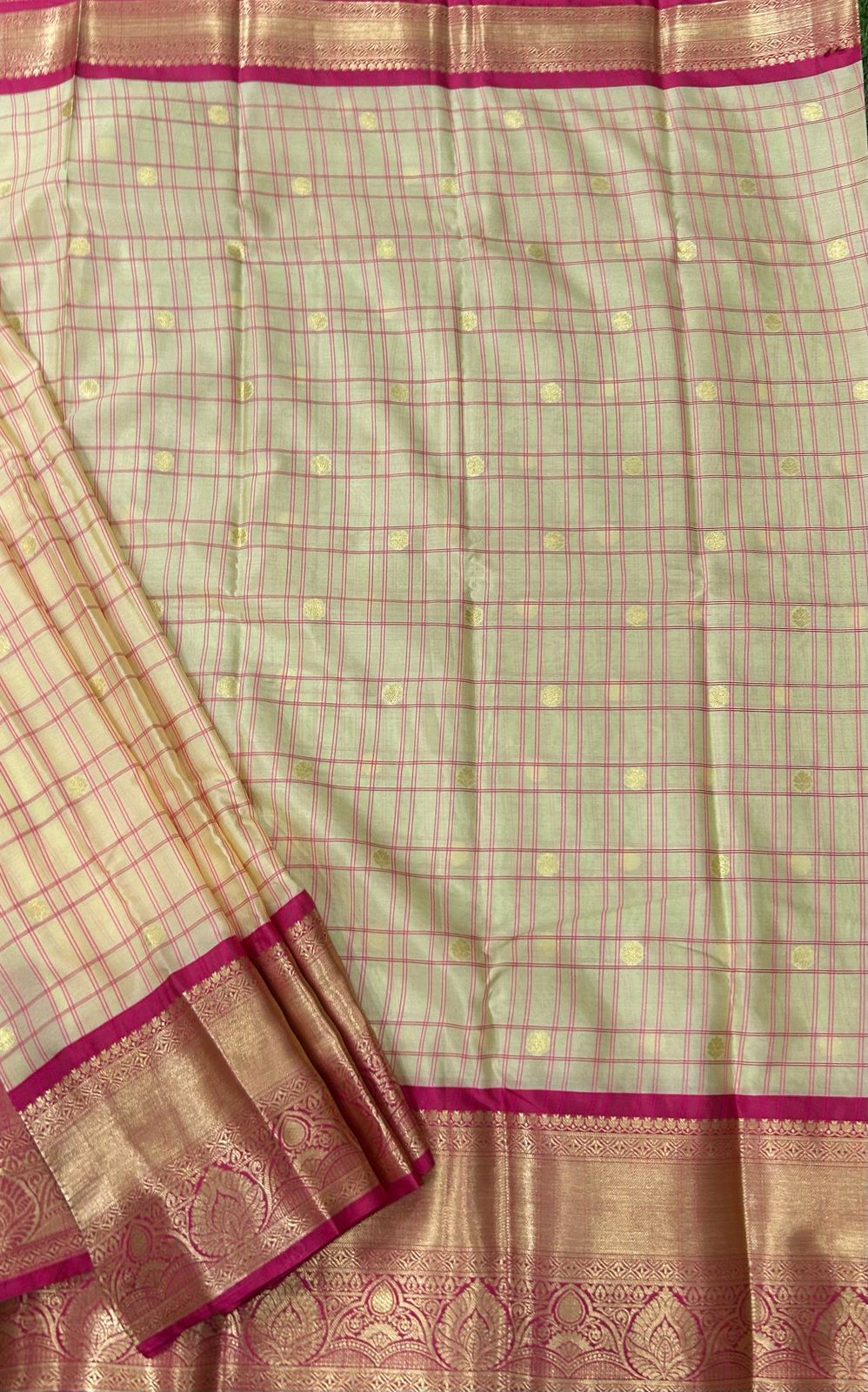 Cream n pink semi kanchi checks saree