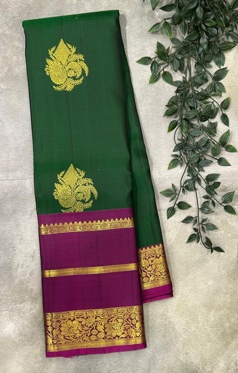 Bottle green n magenta stripes border pure kanchipuram-03 silk saree