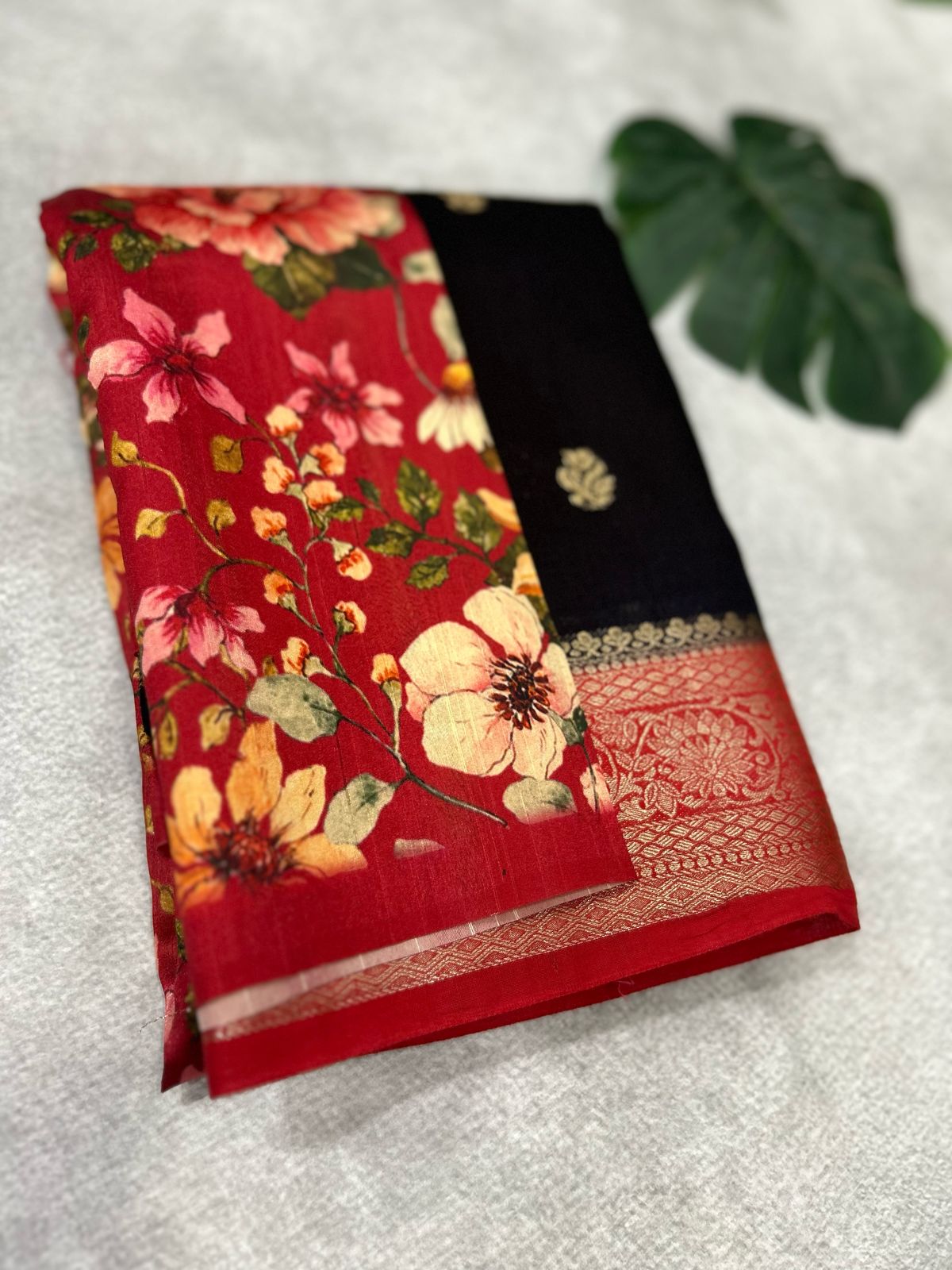 Black soft tussar crepe with printed blouse saree