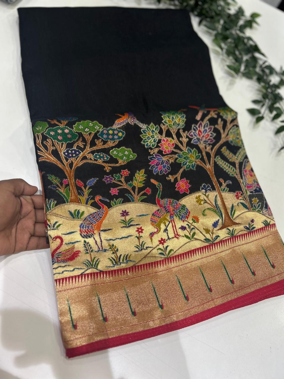 Black dola  paithani border crepe silk saree