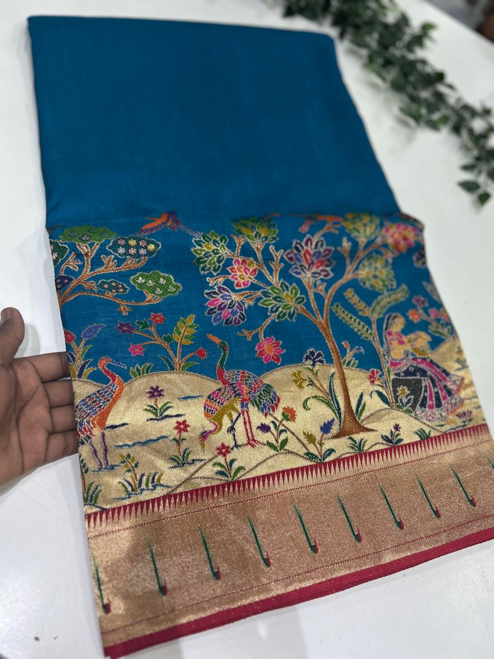 Blue dola paithani border crepe silk saree