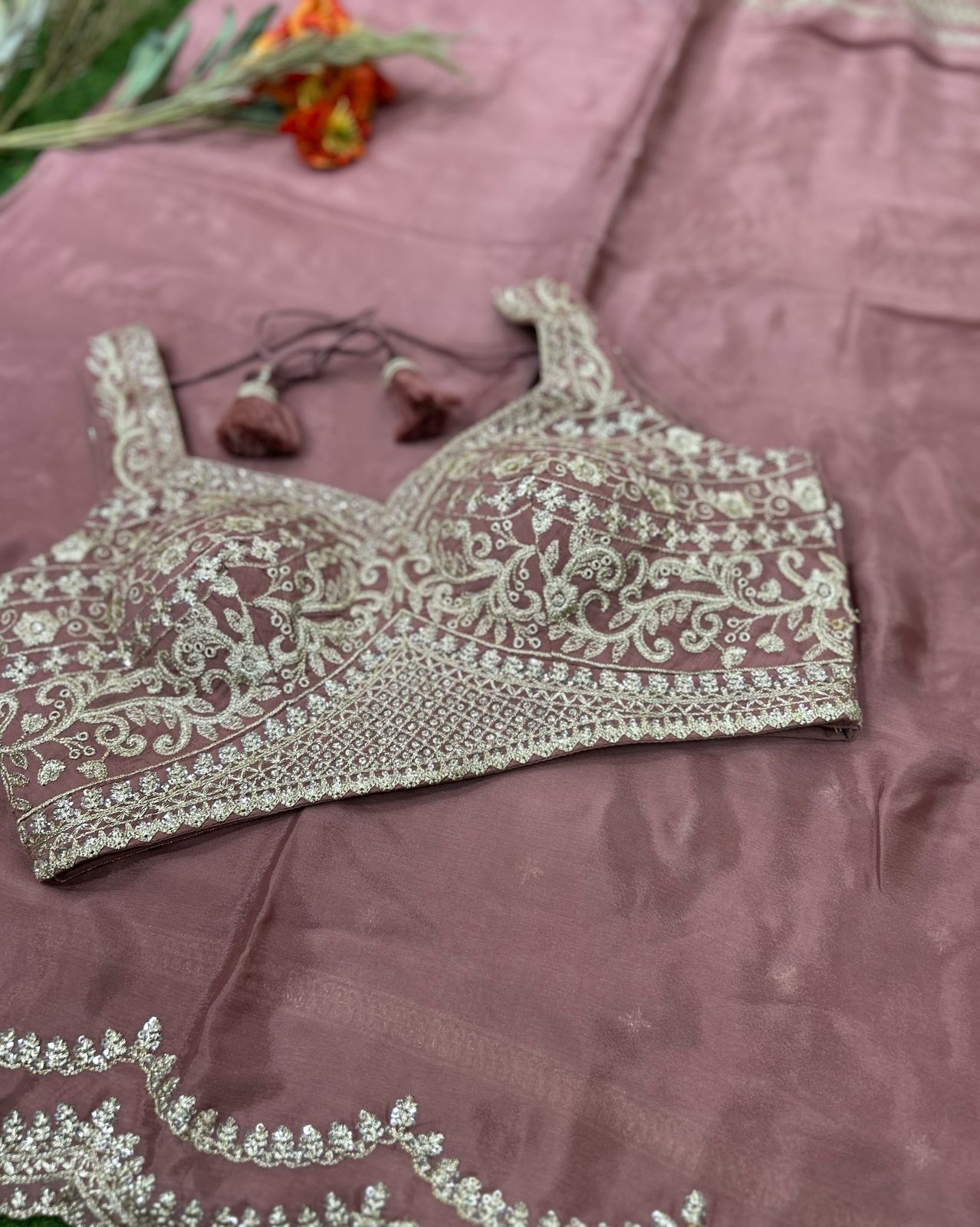 Pastel pink stitched blouse-04 scallop Chinnon party wear saree