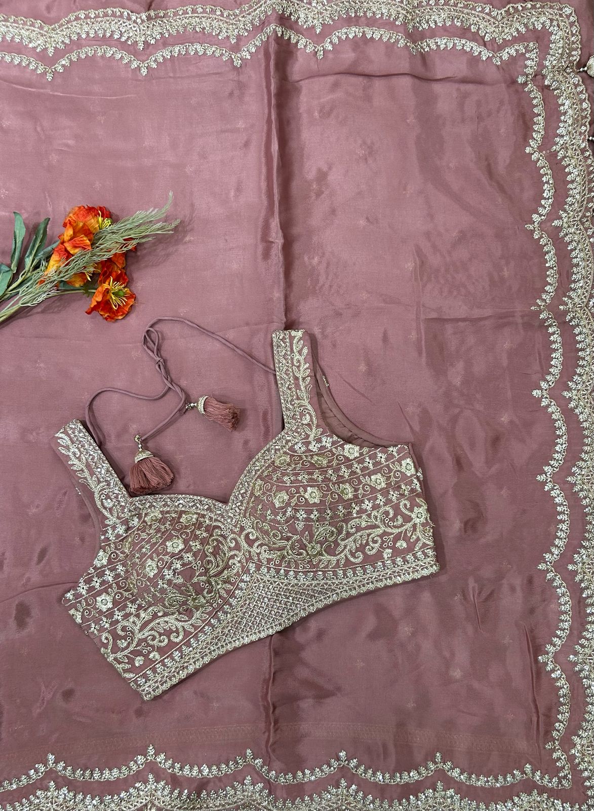 Pastel pink stitched blouse-04 scallop Chinnon party wear saree