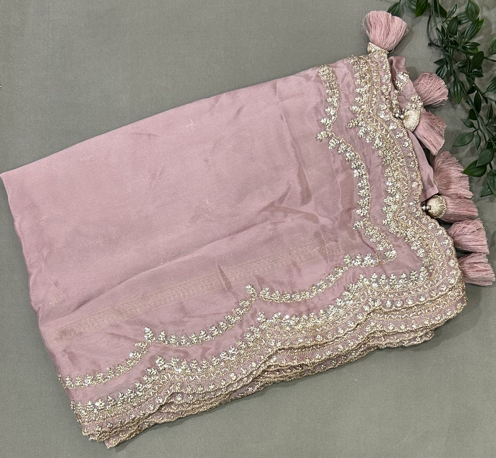 Pastel pink-02 stitched blouse-04 scallop Chinnon party wear saree
