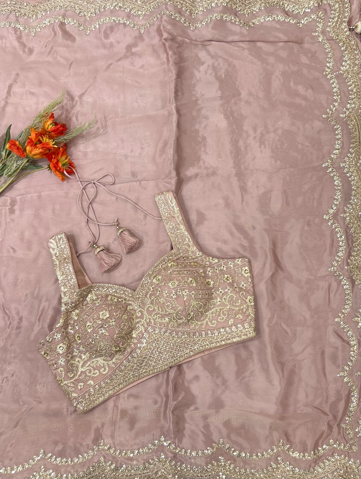 Pastel pink-02 stitched blouse-04 scallop Chinnon party wear saree