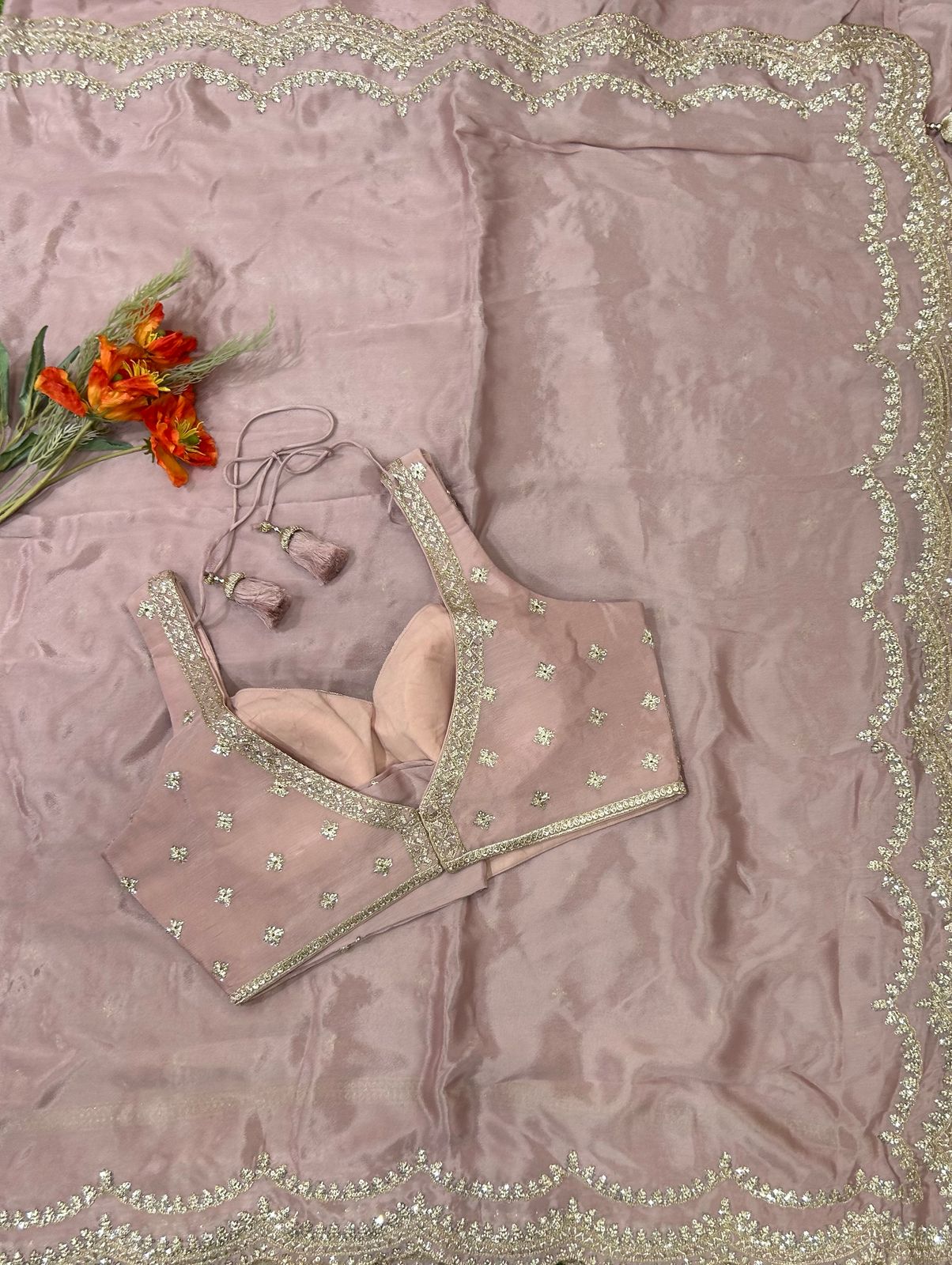 Pastel pink-02 stitched blouse-04 scallop Chinnon party wear saree