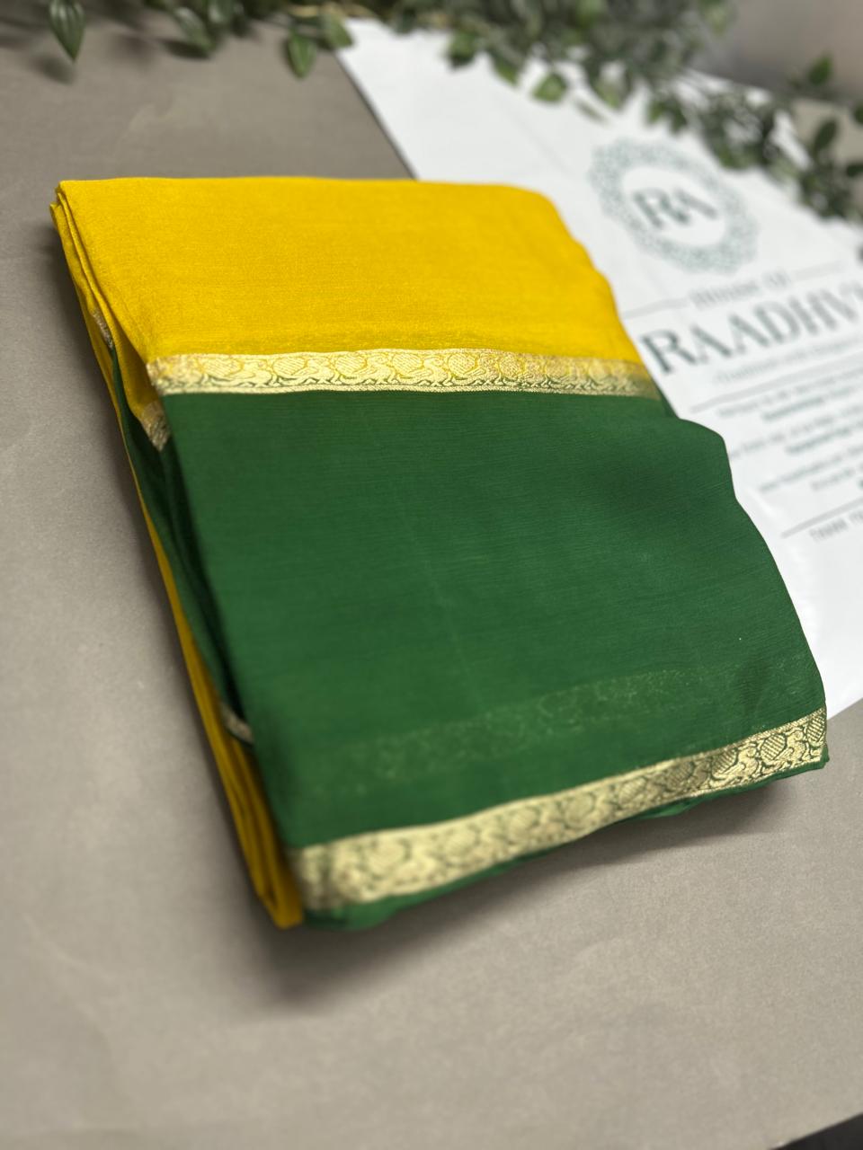 yellow n green plain wrinkle crepe silk saree