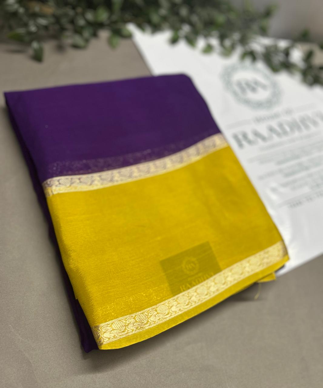 Purple n yellow plain wrinkle crepe silk saree