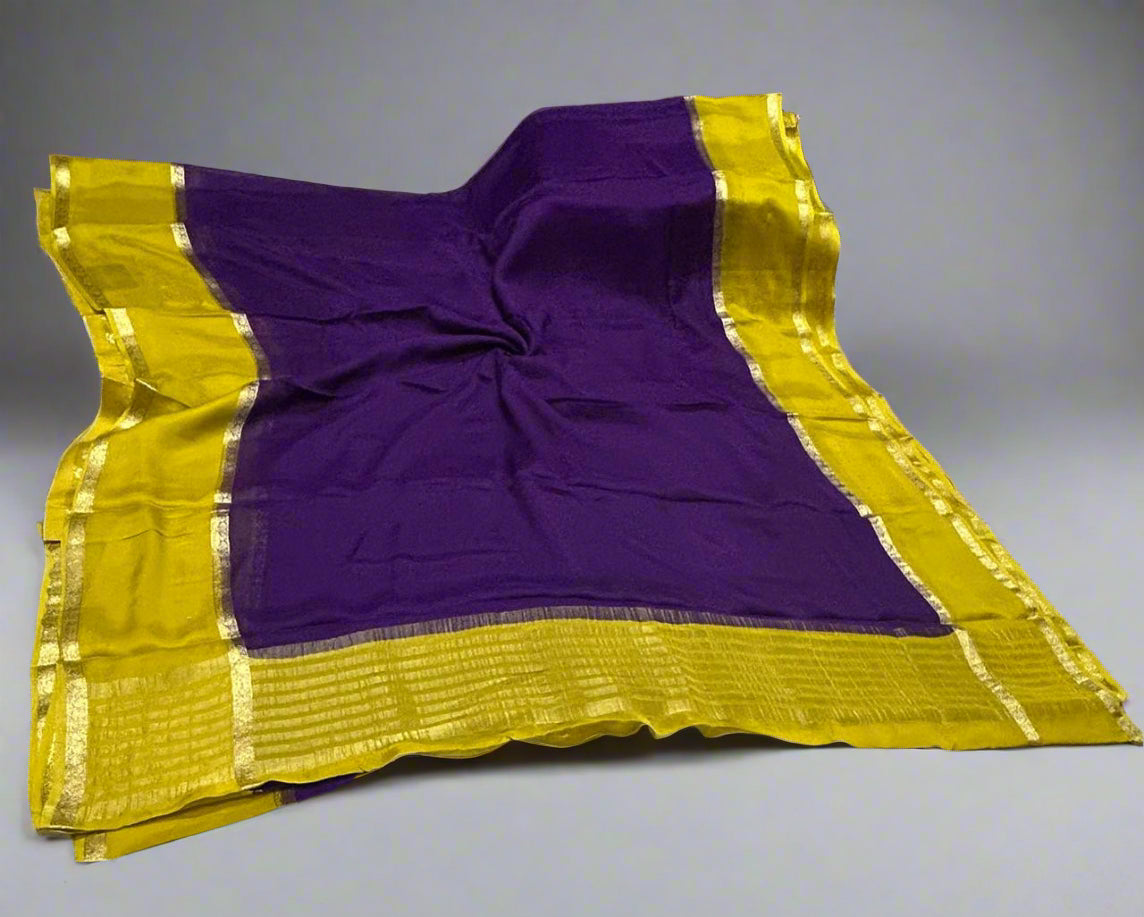 Purple n yellow plain wrinkle crepe silk saree